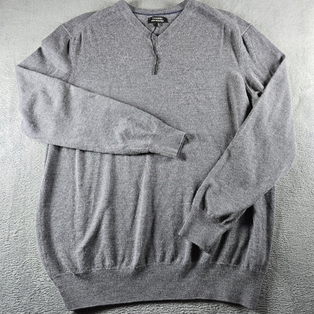 Tahari Mens XXL Italian Merino Wool V-Neck Sweater Gray Knit Pullover